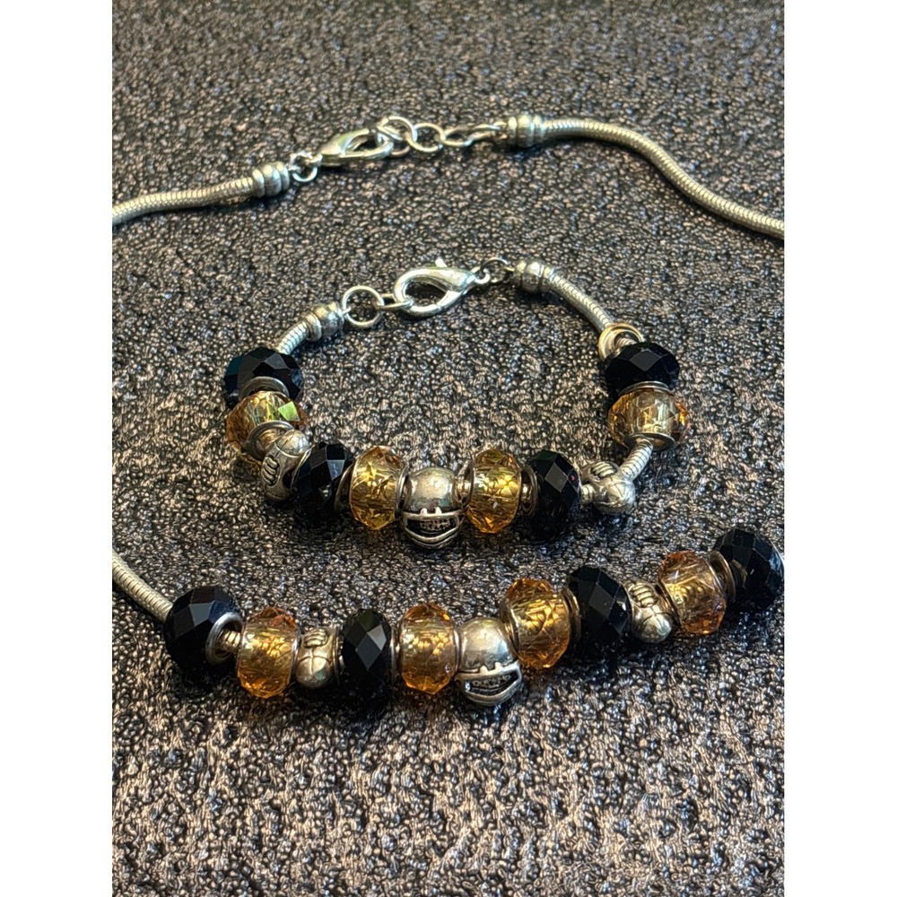 Pittsburgh Steelers Football Charm Bracelet Necklace Set Black Gold Beads helmet